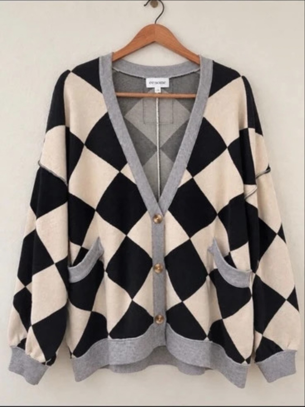 eesome Black & Cream Argyle Button Cardigan with Gray Trim